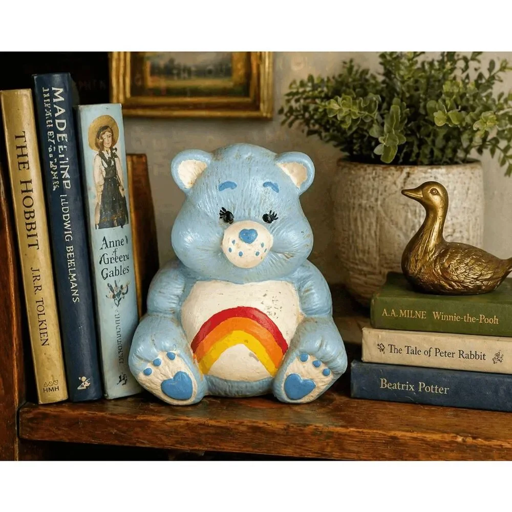 Care Bears Bedtime Bear Rainbow Belly Ceramic Bank Figurine Blue 1980s Vintage